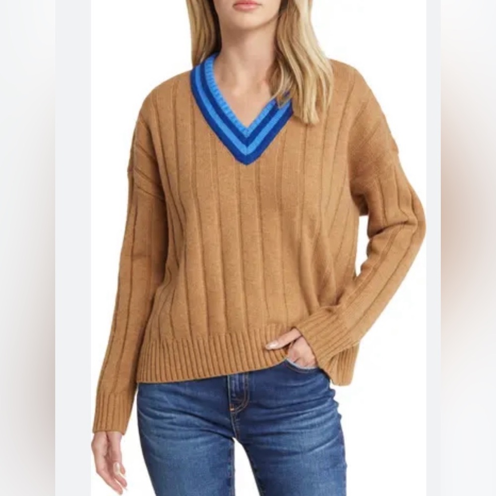 Madewell V-Neck Wool Sweater in Tan with Blue Trim